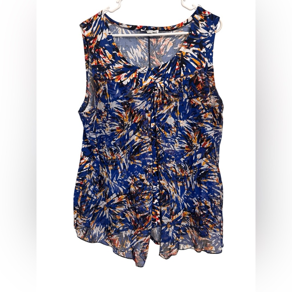 Notations XL Sleeveless Top Orange Blue Print Lightweight Casual Blouse